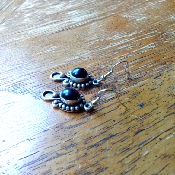 🍀Pair of Black Obsidian in Filigree Dangle Earrings - Picture 2 of 4